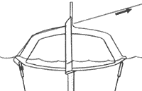 Конец для восстановления пристегивают или привязывают к ванте и проведят поверх корпуса.