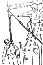 Чтобы поднять человека из воды, тали оттяжки гика крепят при помощи скобы на ноке гика.