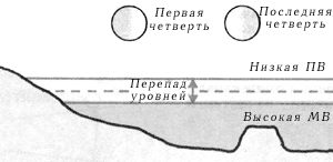 В сизигийные приливы перепад (разница высот между полной и малой водами) велик, в то время как в квадратурных приливах перепад гораздо меньше.